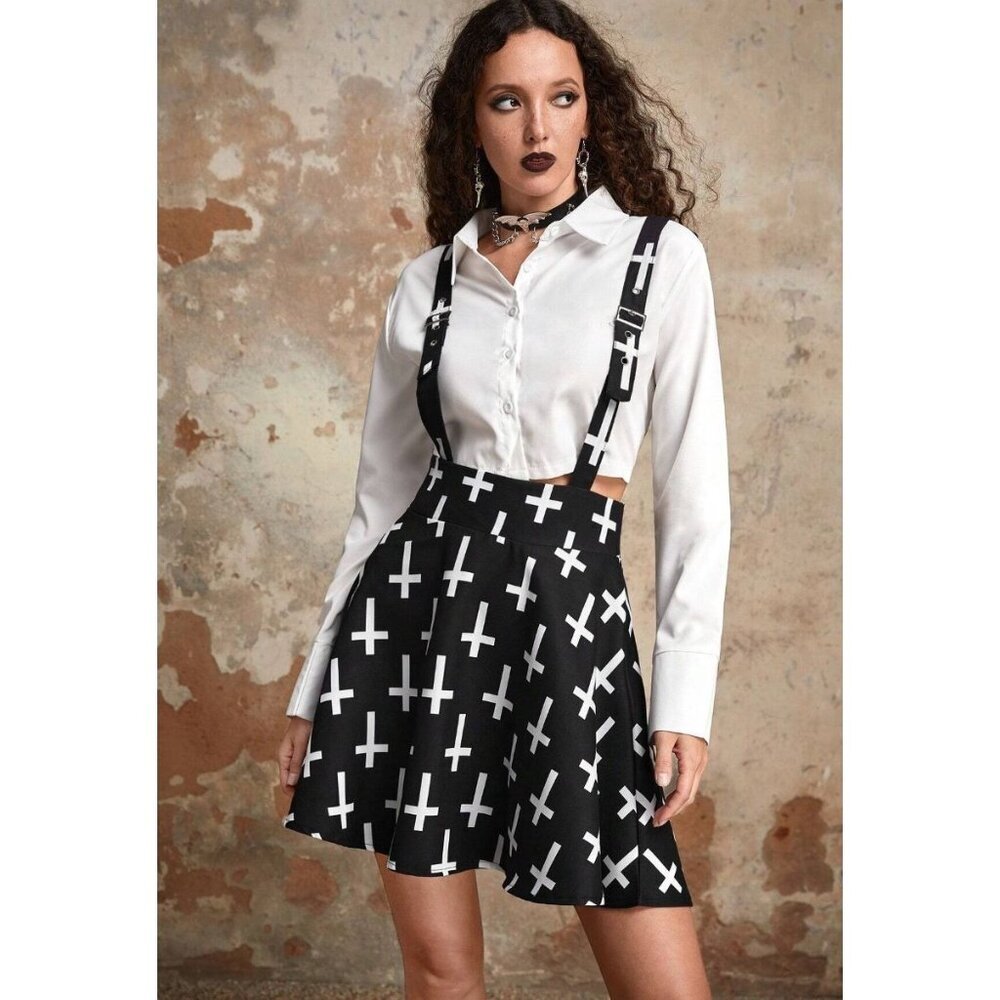 Romwe Goth Cross Print Suspender Skirt Womens M Black White Grunge Punk Baddie